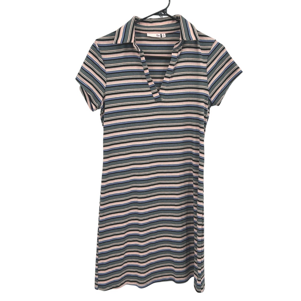 Y2K Ribbed Stripe Polo Shirt Dress M‎ Stretch Knit Casual Retro Mallcore Street